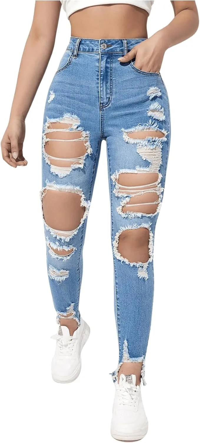 WDIRARA Women's High Waisted Ripped Raw Hem Skinny Jeans Distressed Cut Out Pants