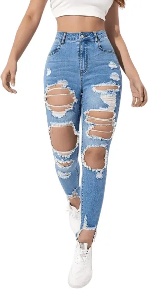 WDIRARA Women's High Waisted Ripped Raw Hem Skinny Jeans Distressed Cut Out Pants