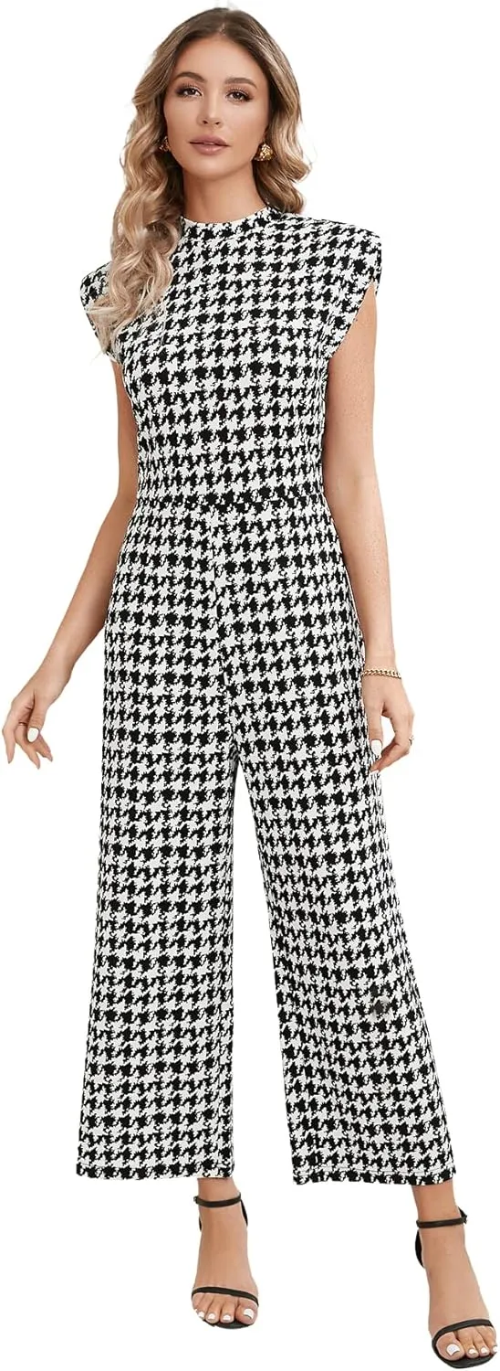 WDIRARA Women's Houndstooth Mock Neck Cap Sleeve Wide Leg Jumpsuit Pants