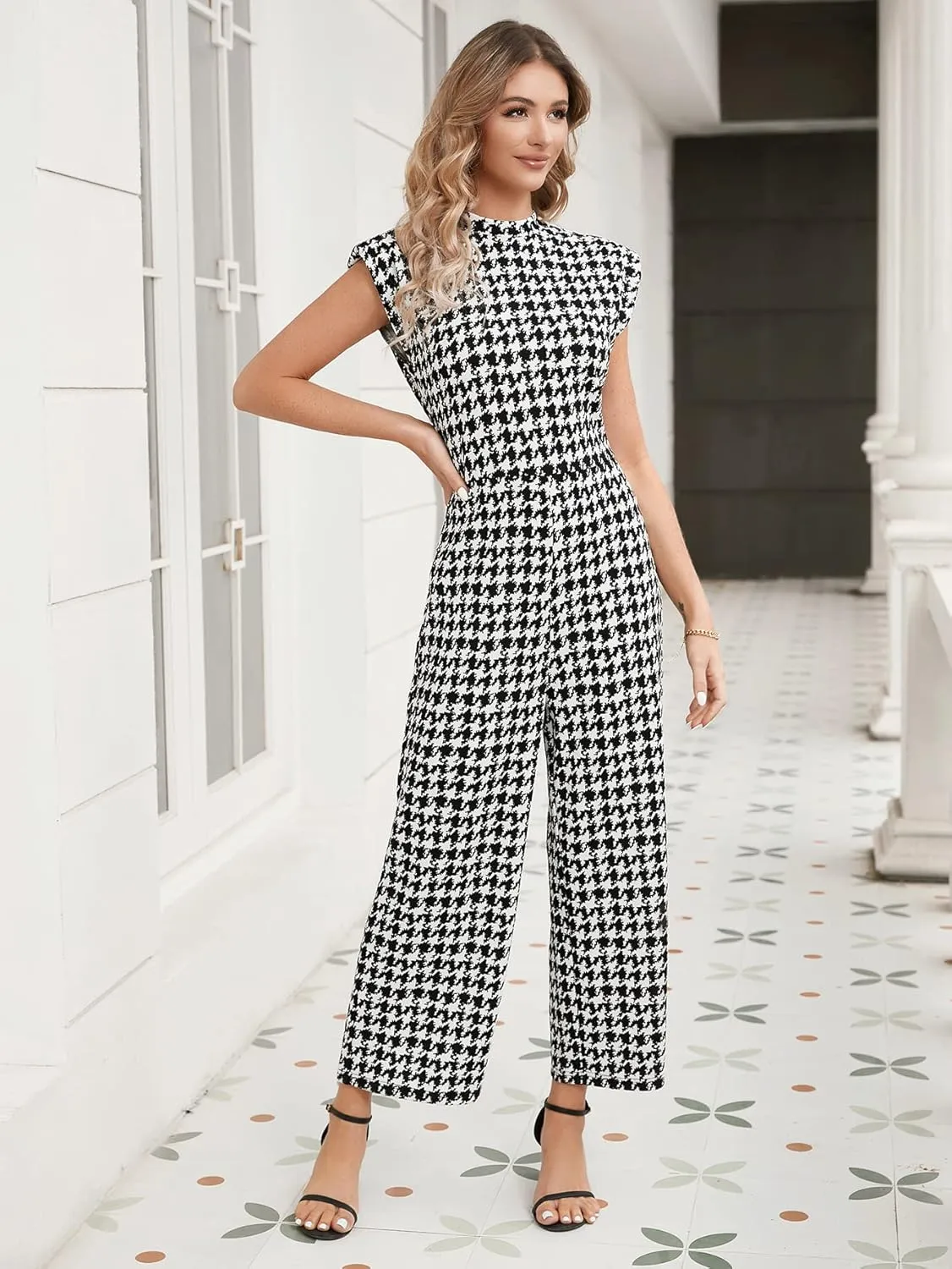 WDIRARA Women's Houndstooth Mock Neck Cap Sleeve Wide Leg Jumpsuit Pants