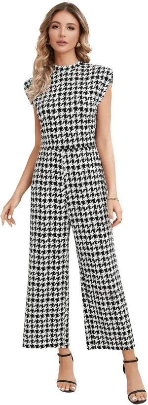 WDIRARA Women's Houndstooth Mock Neck Cap Sleeve Wide Leg Jumpsuit Pants