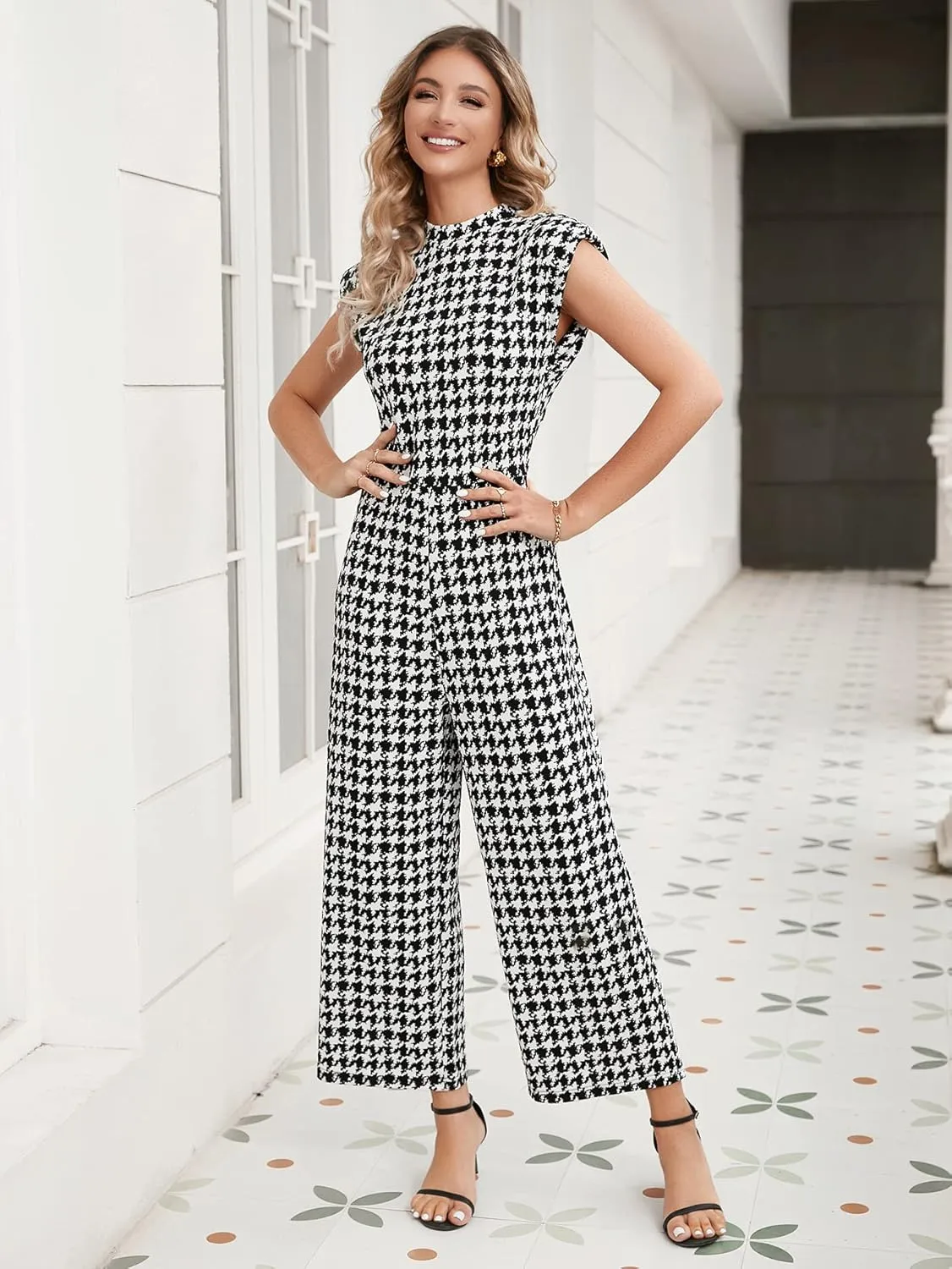 WDIRARA Women's Houndstooth Mock Neck Cap Sleeve Wide Leg Jumpsuit Pants