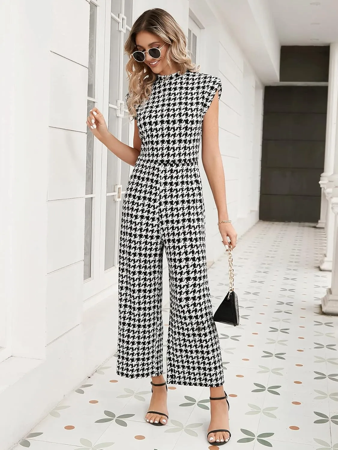 WDIRARA Women's Houndstooth Mock Neck Cap Sleeve Wide Leg Jumpsuit Pants