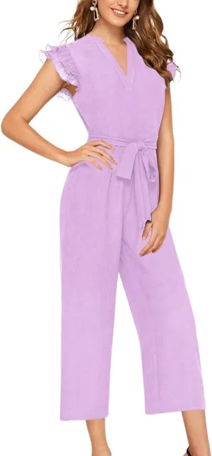 WDIRARA Women's Layered Ruffle Cap Sleeve Notched V Neck Belted Jumpsuit Pants