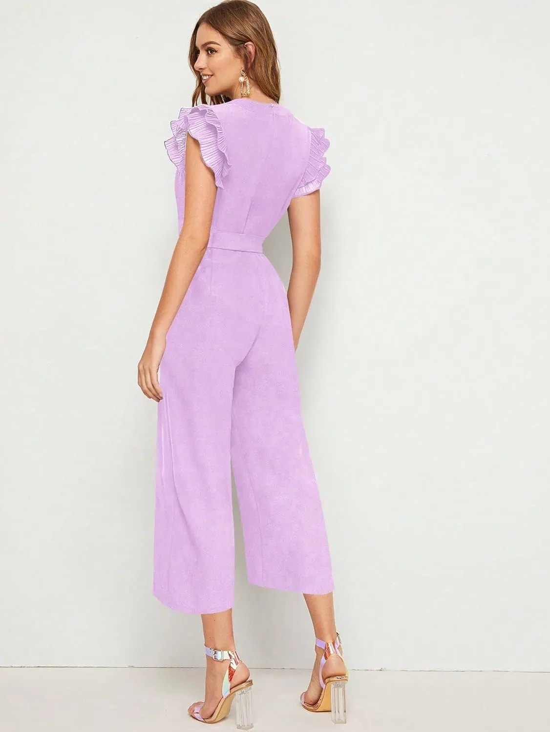 WDIRARA Women's Layered Ruffle Cap Sleeve Notched V Neck Belted Jumpsuit Pants