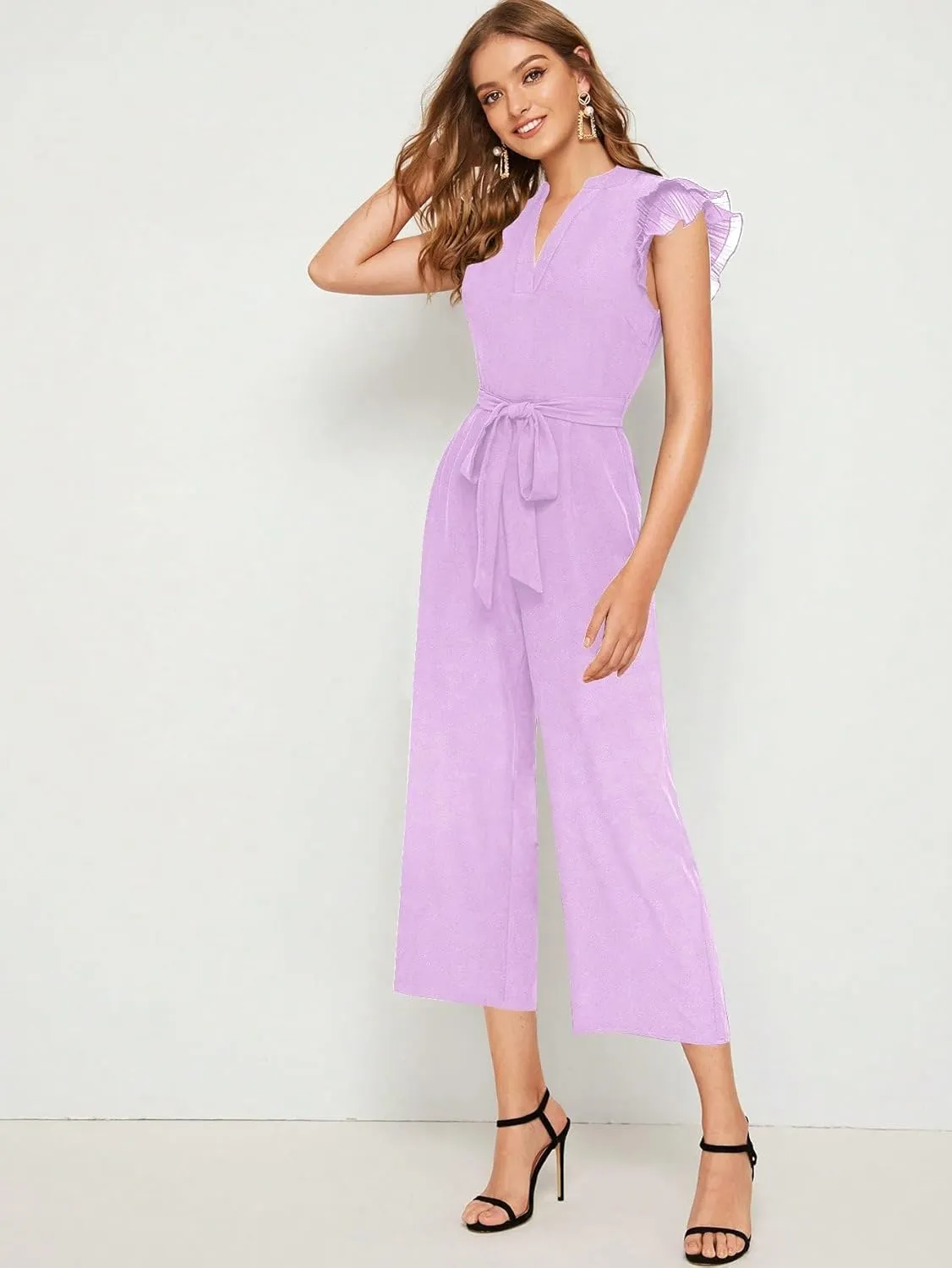 WDIRARA Women's Layered Ruffle Cap Sleeve Notched V Neck Belted Jumpsuit Pants