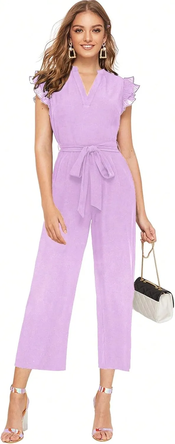 WDIRARA Women's Layered Ruffle Cap Sleeve Notched V Neck Belted Jumpsuit Pants