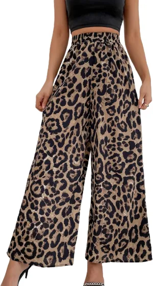 WDIRARA Women's Leopard Print Elastic High Waist Wide Leg Pants Casual Pants