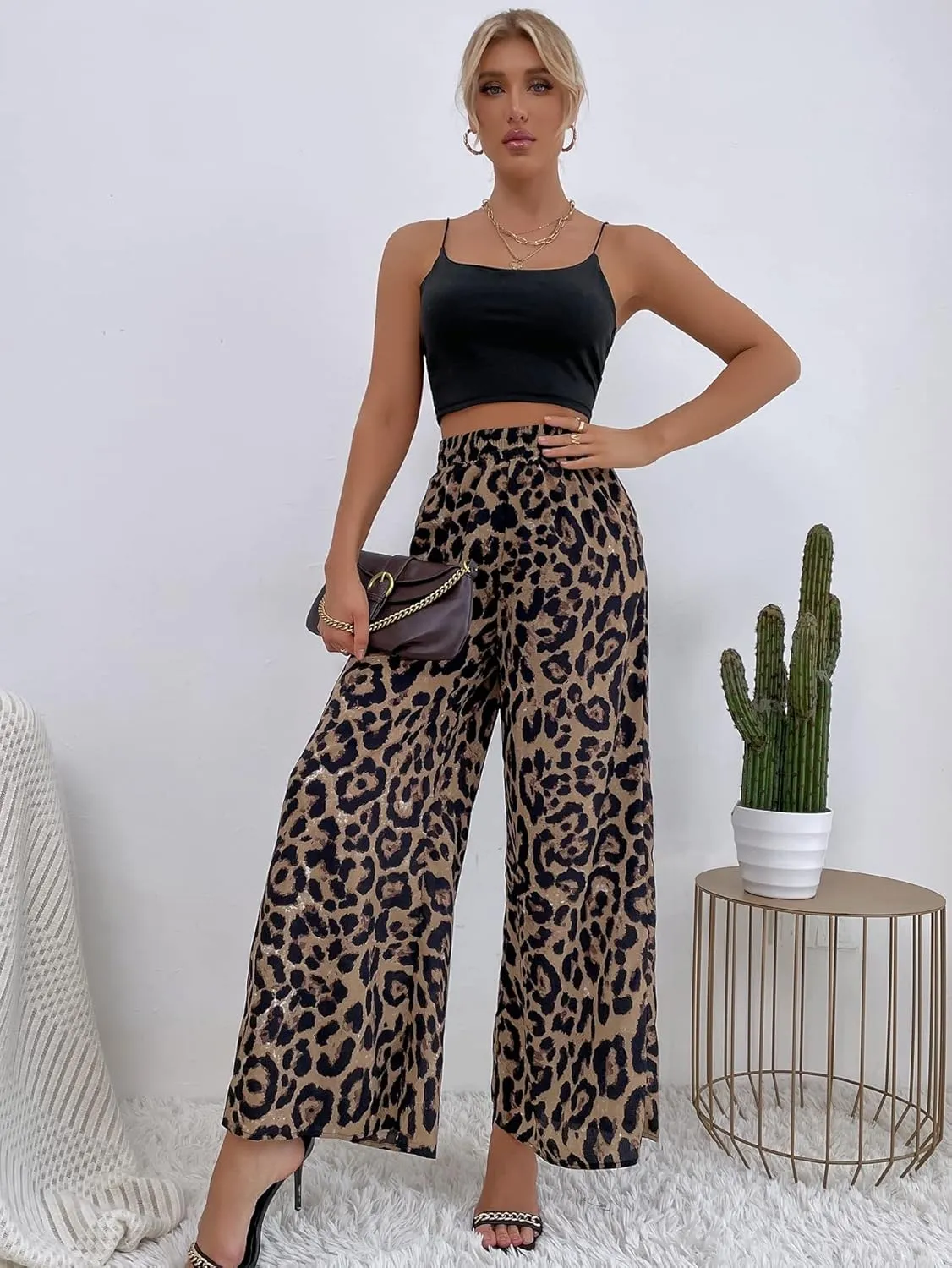 WDIRARA Women's Leopard Print Elastic High Waist Wide Leg Pants Casual Pants