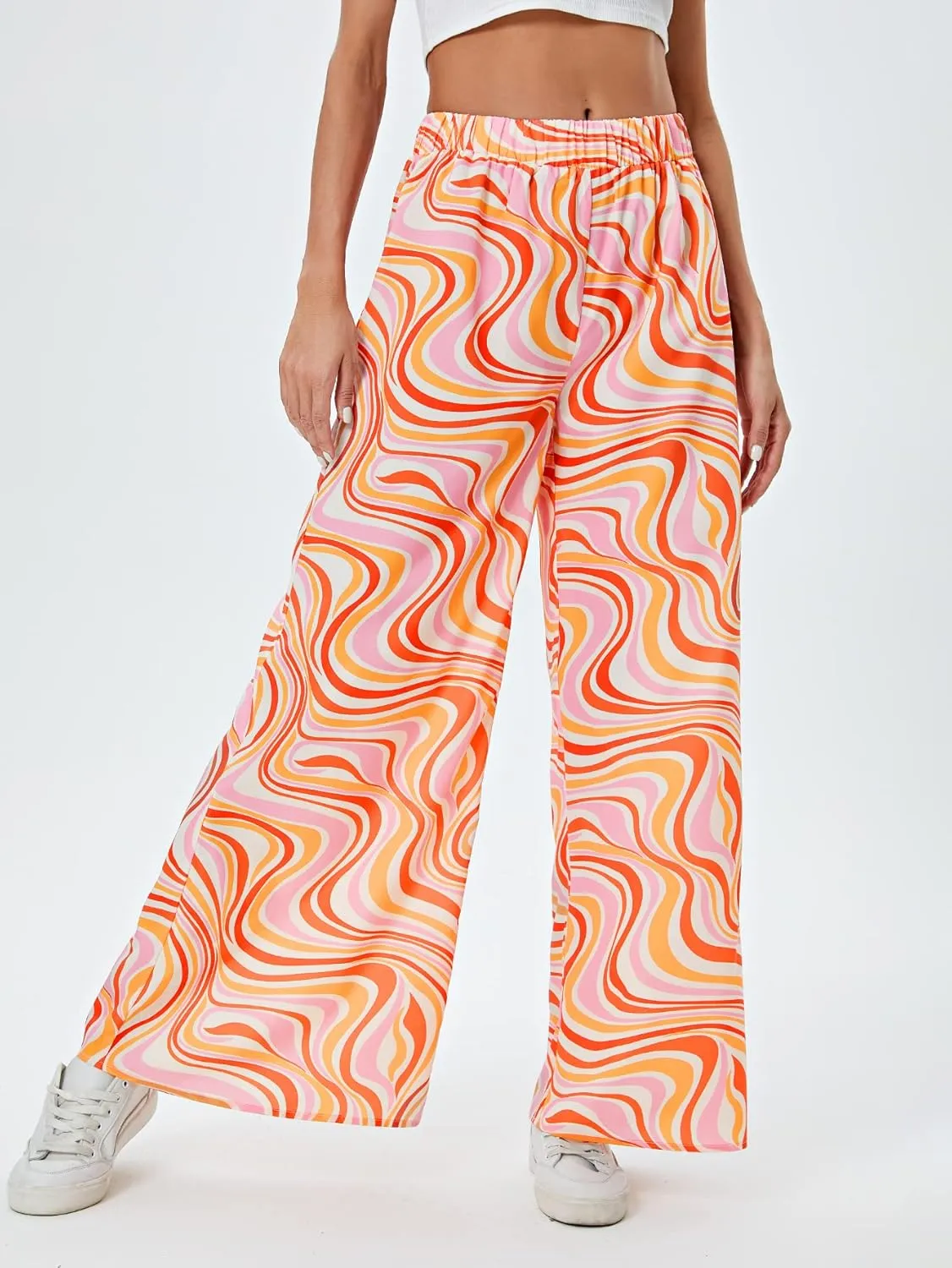 WDIRARA Women's Leopard Print Elastic High Waist Wide Leg Pants Casual Pants