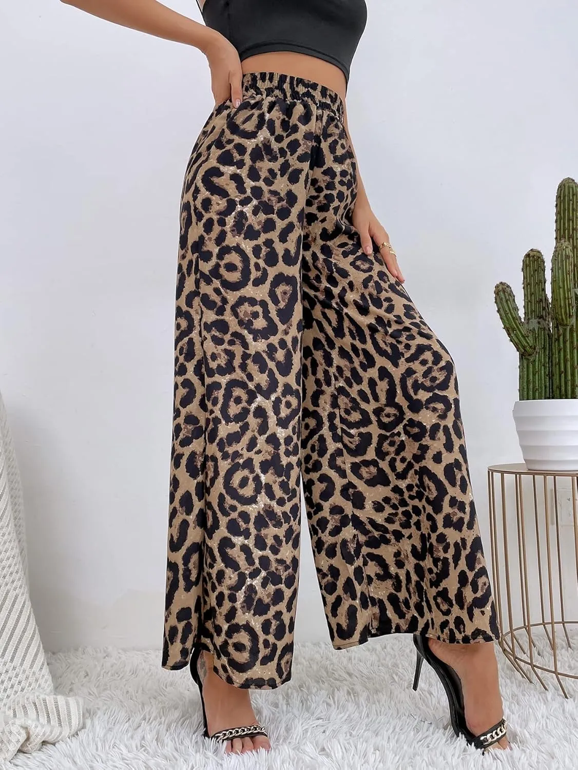 WDIRARA Women's Leopard Print Elastic High Waist Wide Leg Pants Casual Pants