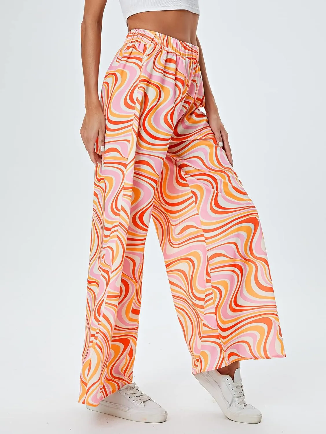 WDIRARA Women's Leopard Print Elastic High Waist Wide Leg Pants Casual Pants