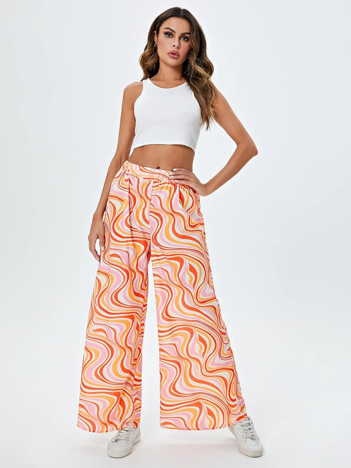 WDIRARA Women's Leopard Print Elastic High Waist Wide Leg Pants Casual Pants