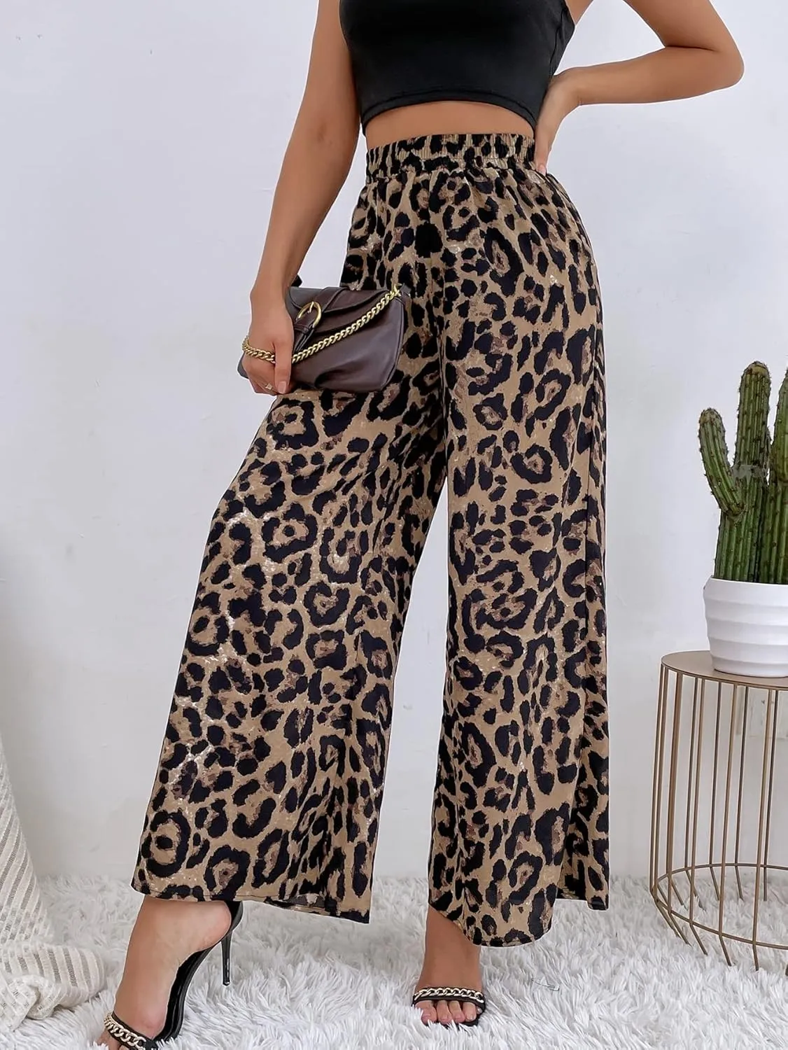 WDIRARA Women's Leopard Print Elastic High Waist Wide Leg Pants Casual Pants