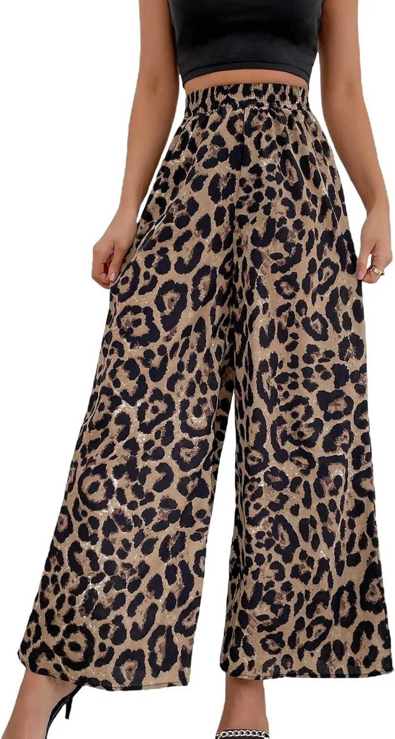 WDIRARA Women's Leopard Print Elastic High Waist Wide Leg Pants Casual Pants
