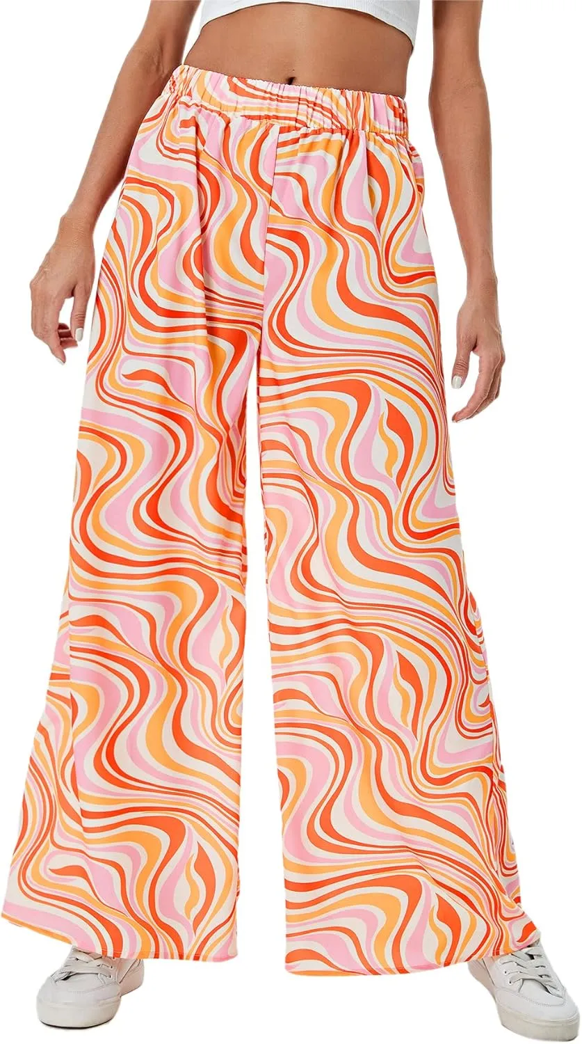 WDIRARA Women's Leopard Print Elastic High Waist Wide Leg Pants Casual Pants