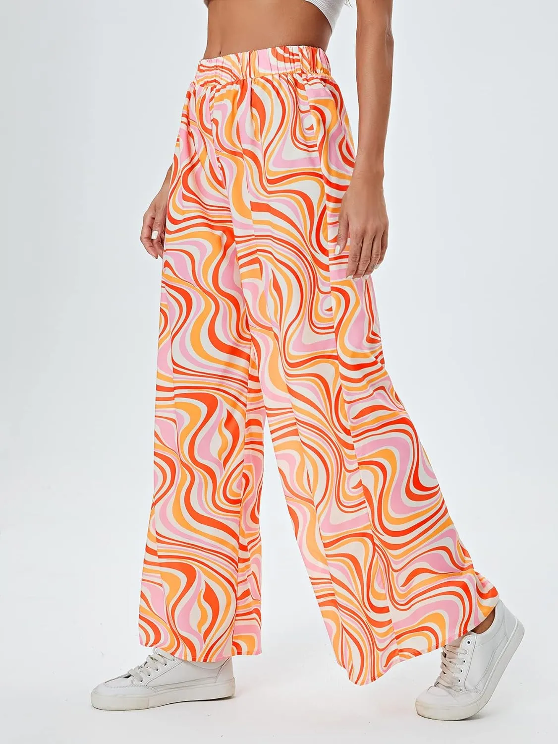 WDIRARA Women's Leopard Print Elastic High Waist Wide Leg Pants Casual Pants