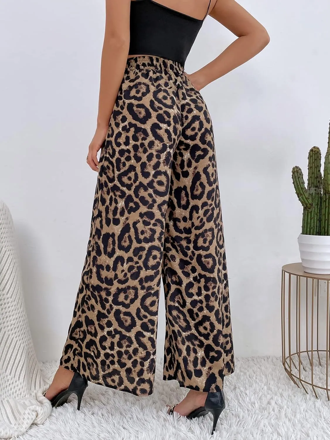 WDIRARA Women's Leopard Print Elastic High Waist Wide Leg Pants Casual Pants