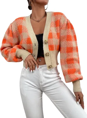 WDIRARA Women's Long Sleeve Button Front V Neck Casual Crop Cardigan Sweater