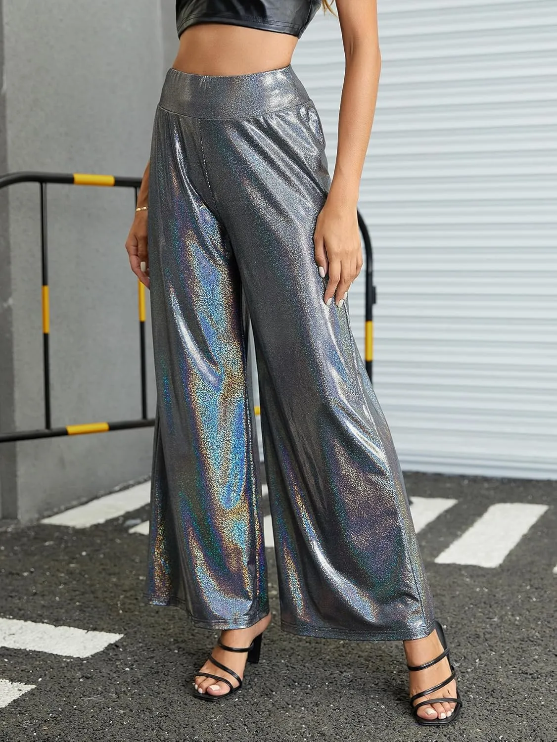 WDIRARA Women's Metallic High Waisted Straight Wide Leg Clubwear Party Pants