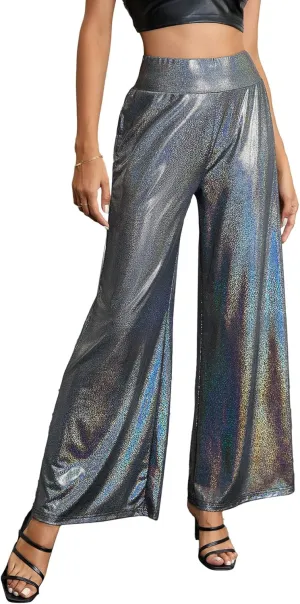 WDIRARA Women's Metallic High Waisted Straight Wide Leg Clubwear Party Pants