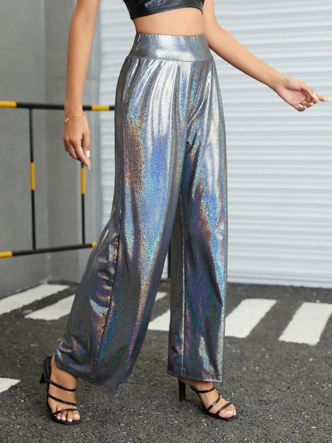 WDIRARA Women's Metallic High Waisted Straight Wide Leg Clubwear Party Pants