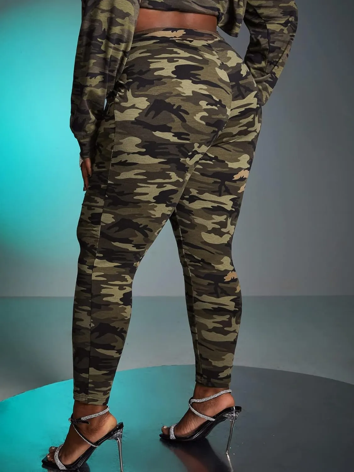WDIRARA Women's Plus Size Camo Print Tie Front Stretch Skinny Long Pants
