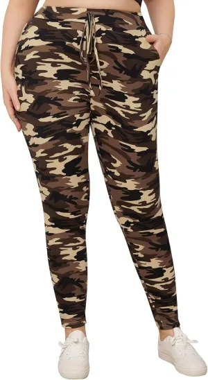 WDIRARA Women's Plus Size Camo Print Tie Front Stretch Skinny Long Pants