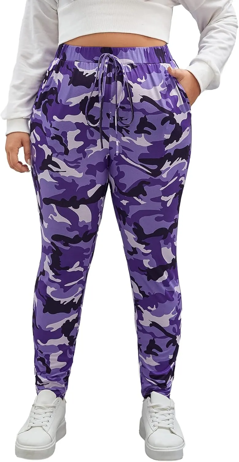 WDIRARA Women's Plus Size Camo Print Tie Front Stretch Skinny Long Pants