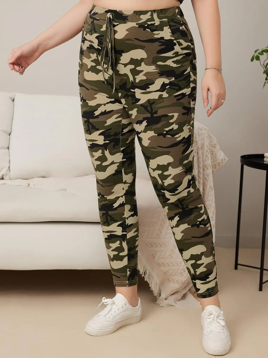 WDIRARA Women's Plus Size Camo Print Tie Front Stretch Skinny Long Pants