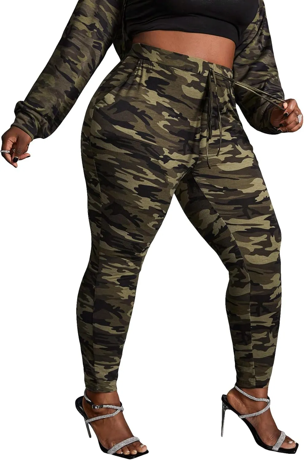 WDIRARA Women's Plus Size Camo Print Tie Front Stretch Skinny Long Pants