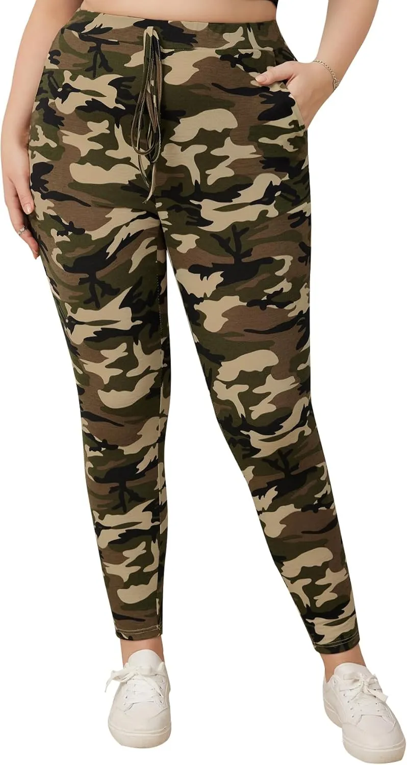 WDIRARA Women's Plus Size Camo Print Tie Front Stretch Skinny Long Pants