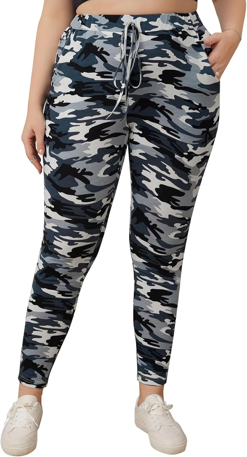 WDIRARA Women's Plus Size Camo Print Tie Front Stretch Skinny Long Pants