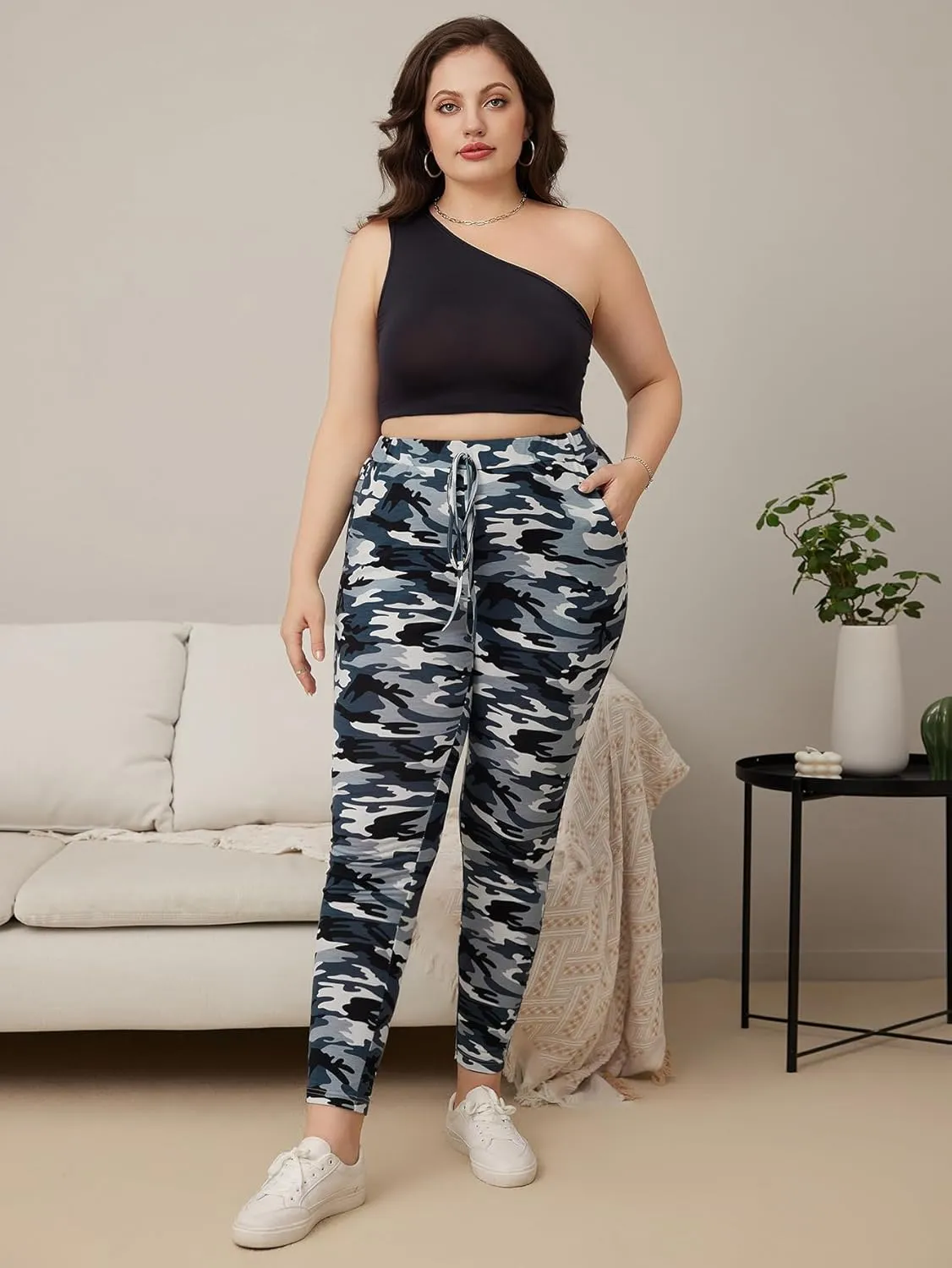 WDIRARA Women's Plus Size Camo Print Tie Front Stretch Skinny Long Pants