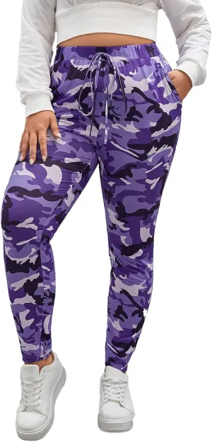 WDIRARA Women's Plus Size Camo Print Tie Front Stretch Skinny Long Pants