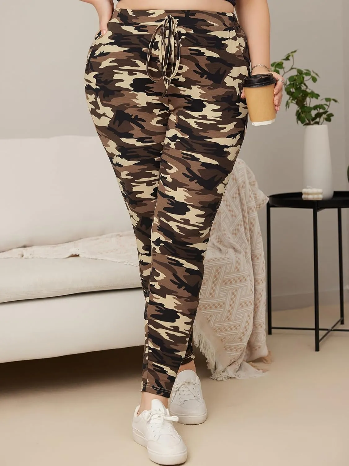 WDIRARA Women's Plus Size Camo Print Tie Front Stretch Skinny Long Pants