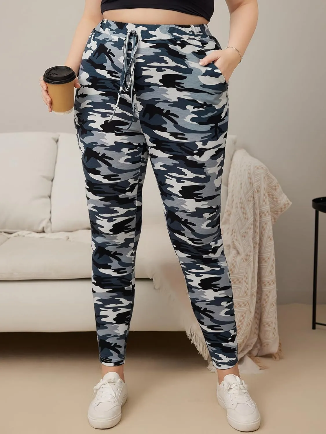 WDIRARA Women's Plus Size Camo Print Tie Front Stretch Skinny Long Pants