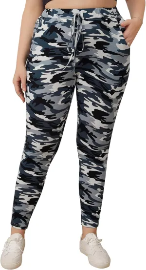 WDIRARA Women's Plus Size Camo Print Tie Front Stretch Skinny Long Pants