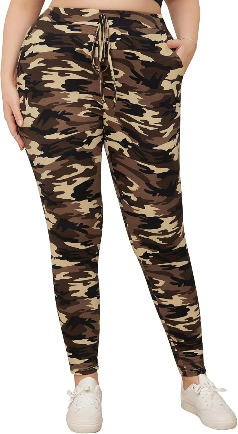 WDIRARA Women's Plus Size Camo Print Tie Front Stretch Skinny Long Pants