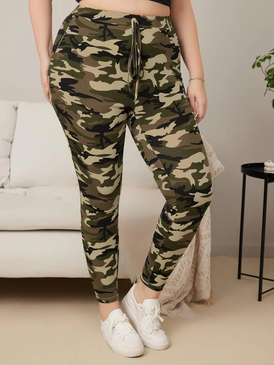 WDIRARA Women's Plus Size Camo Print Tie Front Stretch Skinny Long Pants
