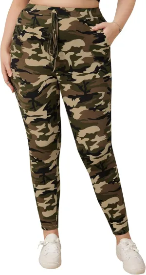 WDIRARA Women's Plus Size Camo Print Tie Front Stretch Skinny Long Pants