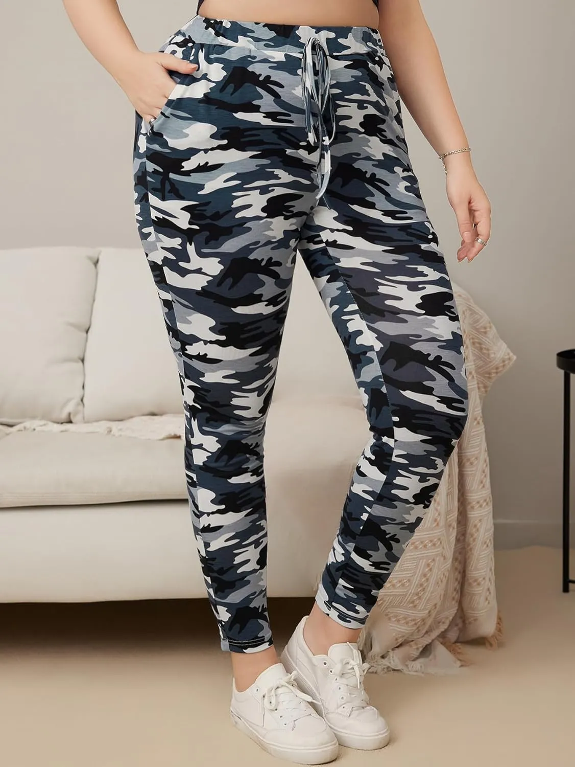 WDIRARA Women's Plus Size Camo Print Tie Front Stretch Skinny Long Pants