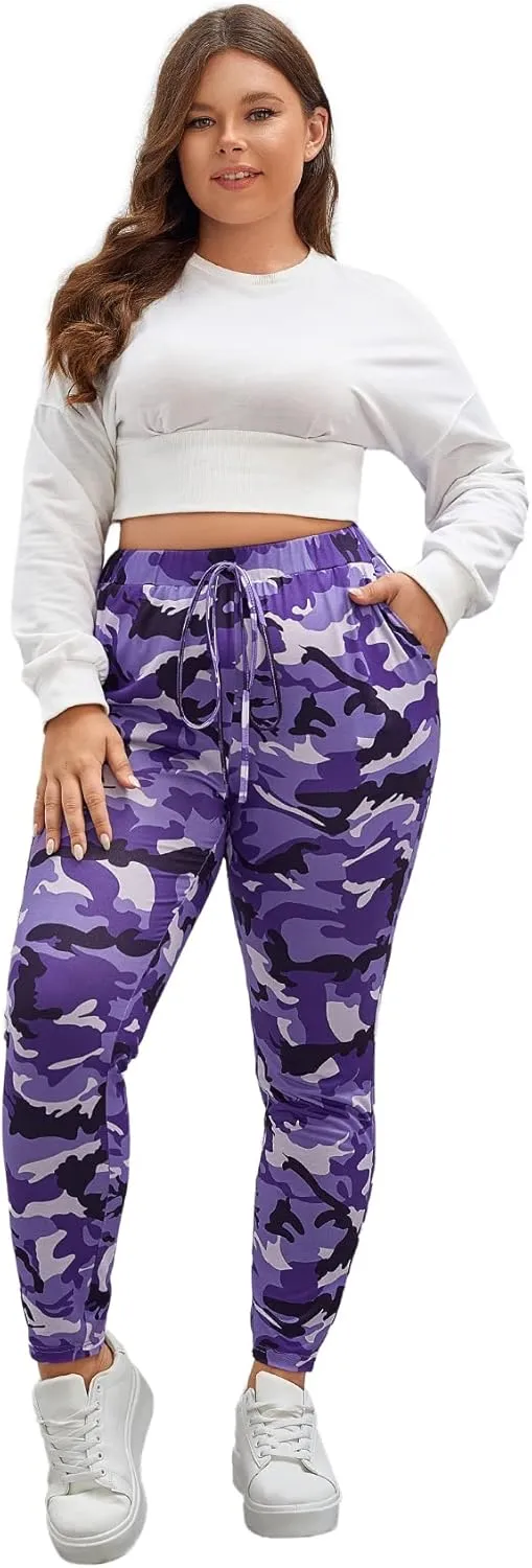 WDIRARA Women's Plus Size Camo Print Tie Front Stretch Skinny Long Pants