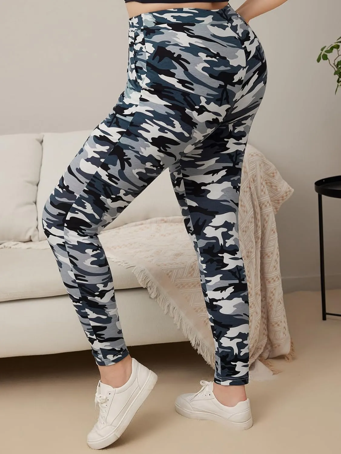 WDIRARA Women's Plus Size Camo Print Tie Front Stretch Skinny Long Pants