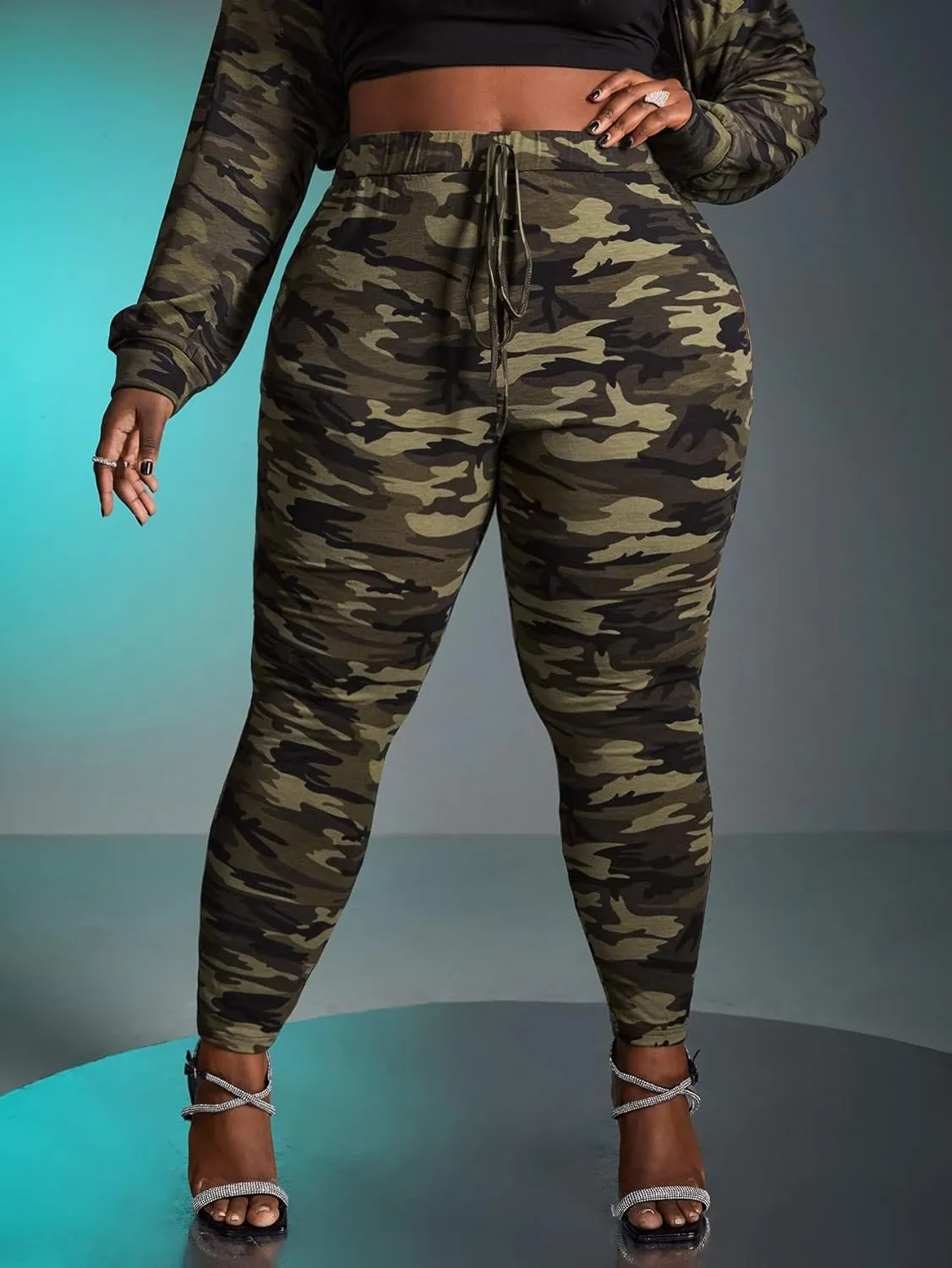 WDIRARA Women's Plus Size Camo Print Tie Front Stretch Skinny Long Pants