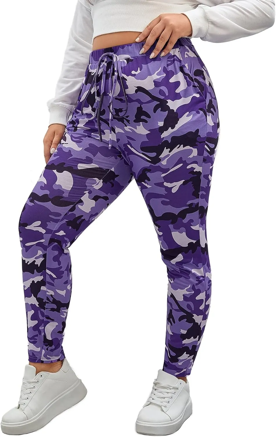 WDIRARA Women's Plus Size Camo Print Tie Front Stretch Skinny Long Pants