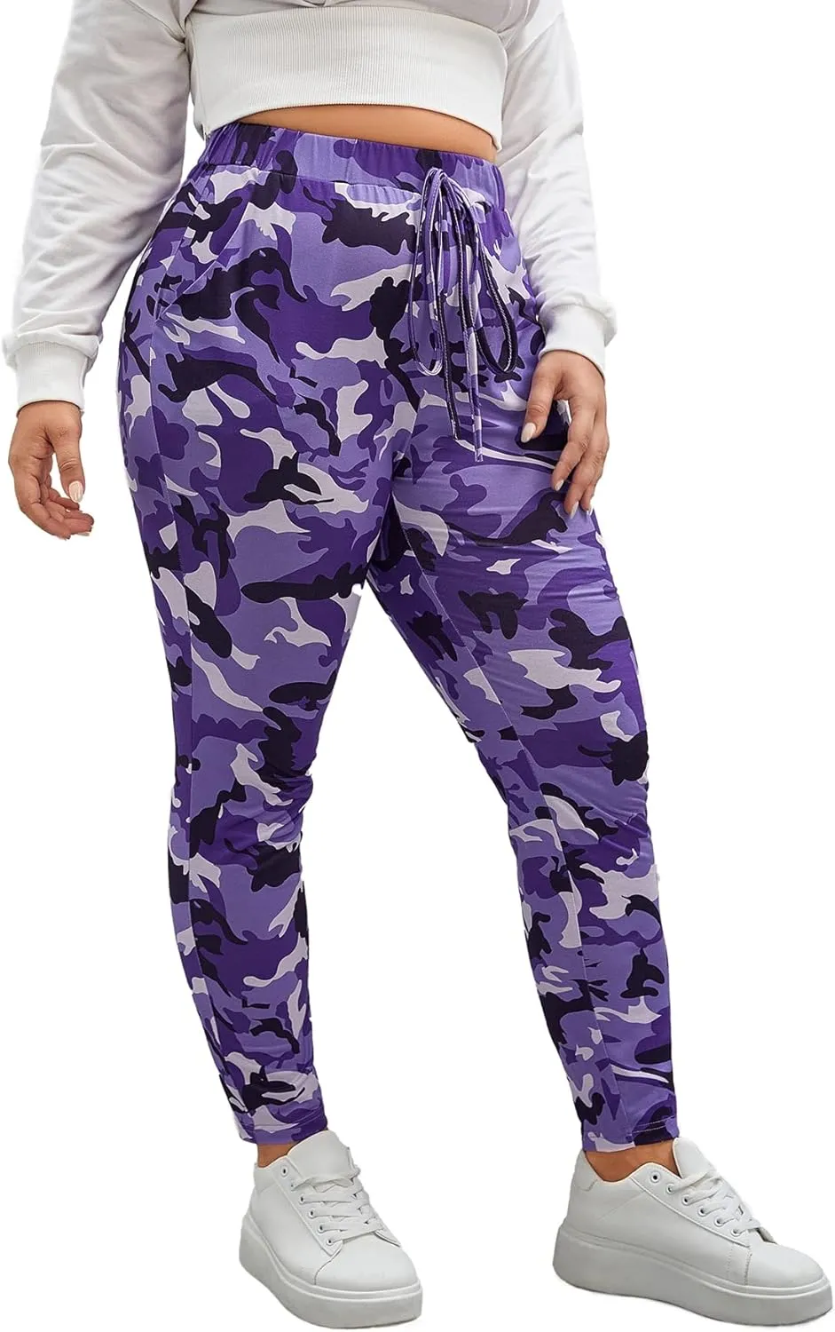 WDIRARA Women's Plus Size Camo Print Tie Front Stretch Skinny Long Pants