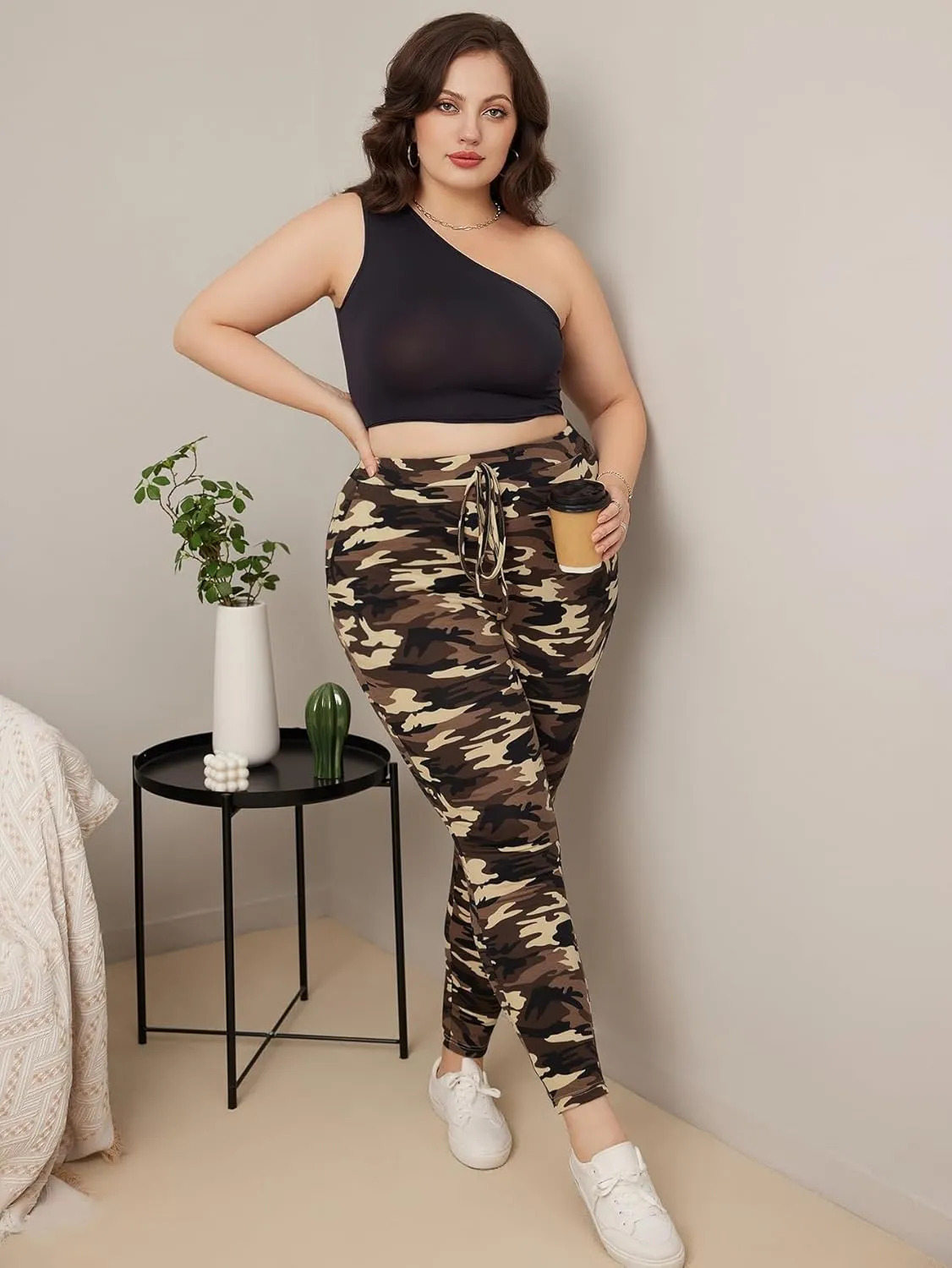 WDIRARA Women's Plus Size Camo Print Tie Front Stretch Skinny Long Pants