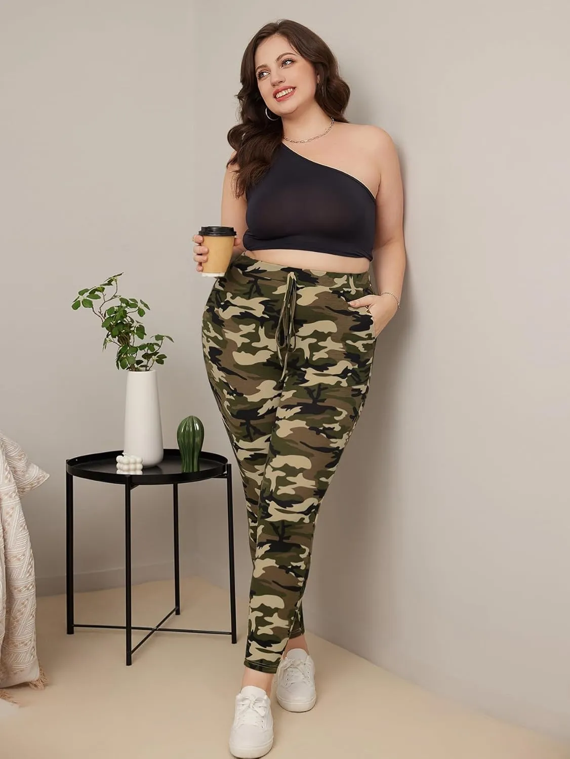 WDIRARA Women's Plus Size Camo Print Tie Front Stretch Skinny Long Pants