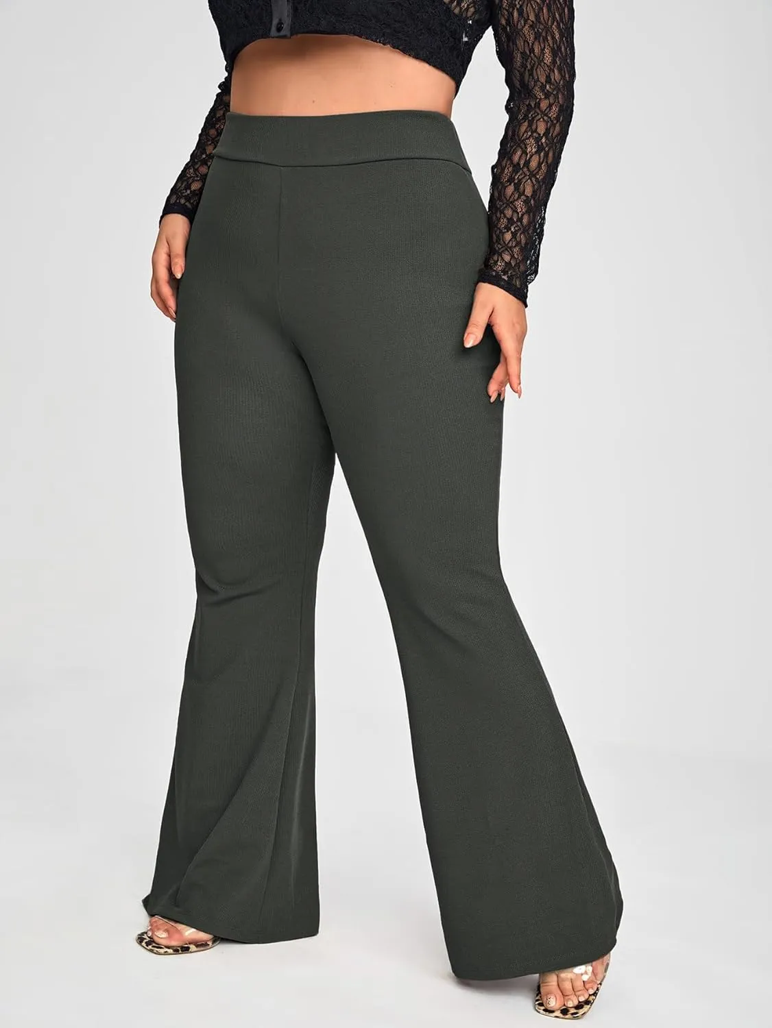 WDIRARA Women's Plus Size Elastic High Waist Flare Bell Bottom Ribbed Knit Long Pants
